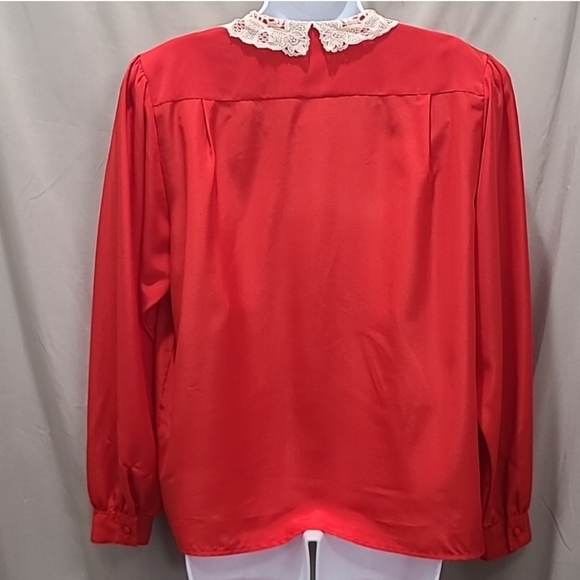 Pedder Street Vintage 80s Lace Collar Pleated Red Button Down Blouse - Picture 7 of 10